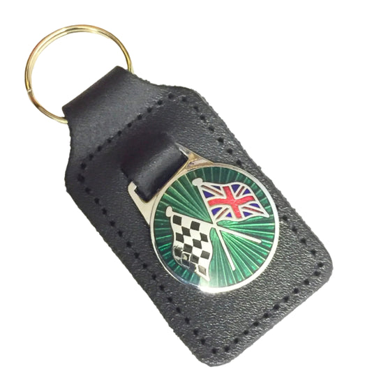 Racing chequered Union Jack flag green enamel badge leather key fob ring