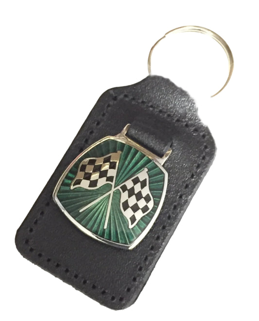 Racing chequered flag green enamel badge leather key fob ring